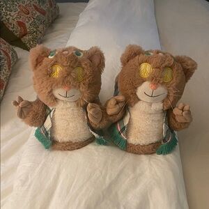 Brown Plush Cat slippers with Peace Sign Eyes